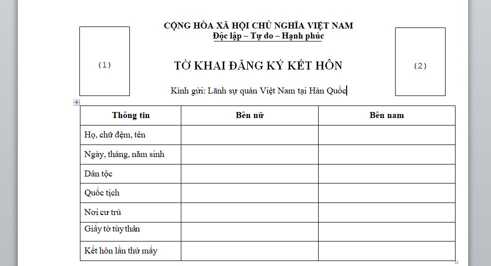 Tờ khai đăng ký kết hôn tại cơ quan có thẩm quyền của Việt Nam ở nước ngoài