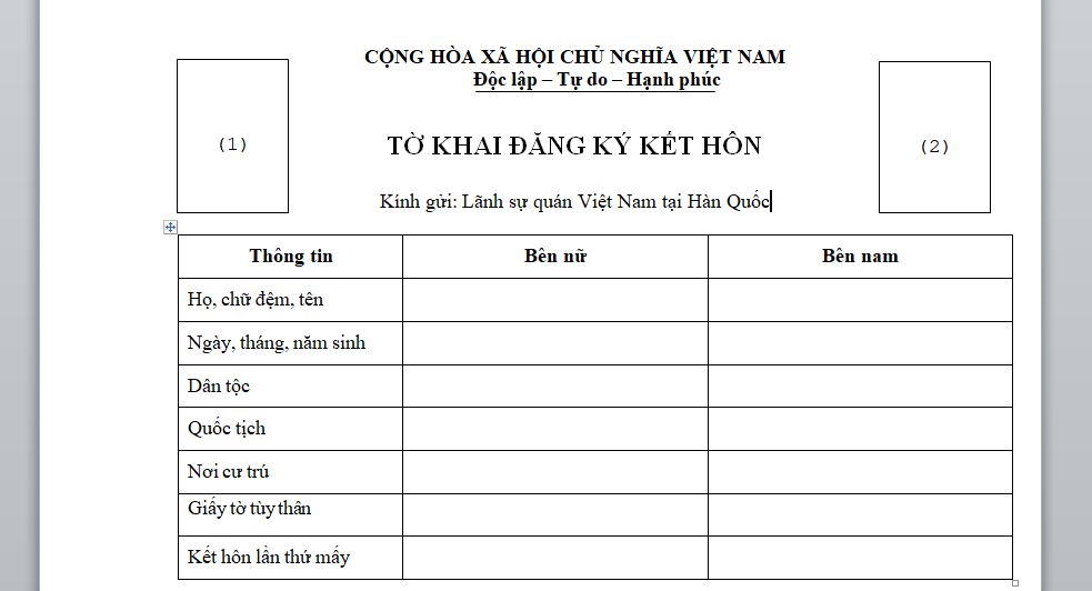 Tờ khai đăng ký kết hôn với người nước ngoài