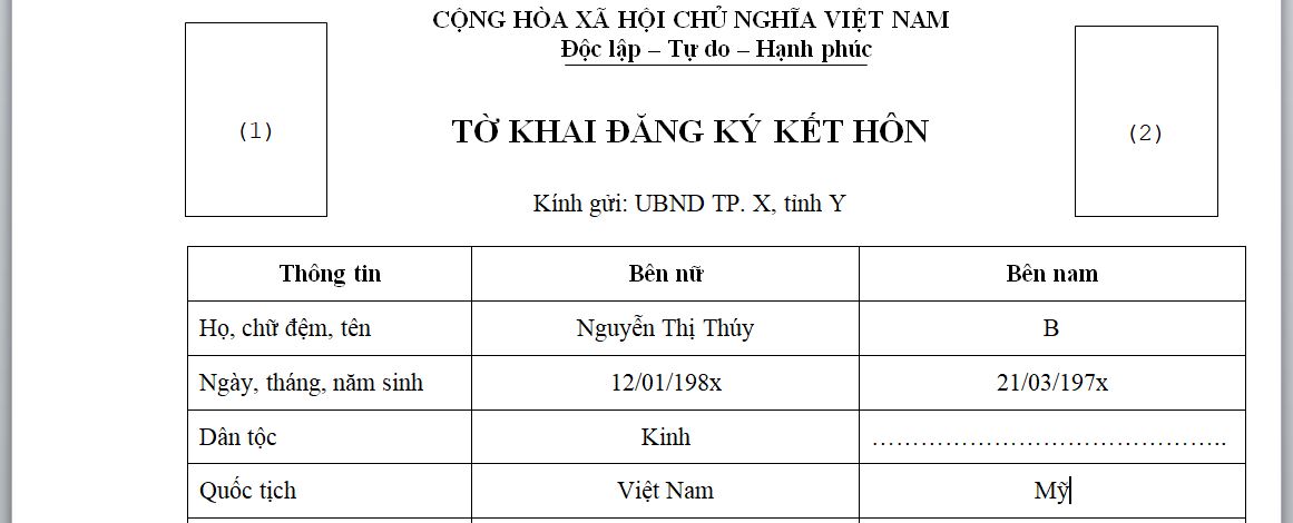 Tờ khai đăng ký kết hôn | Kết hôn với người Mỹ tại Việt Nam