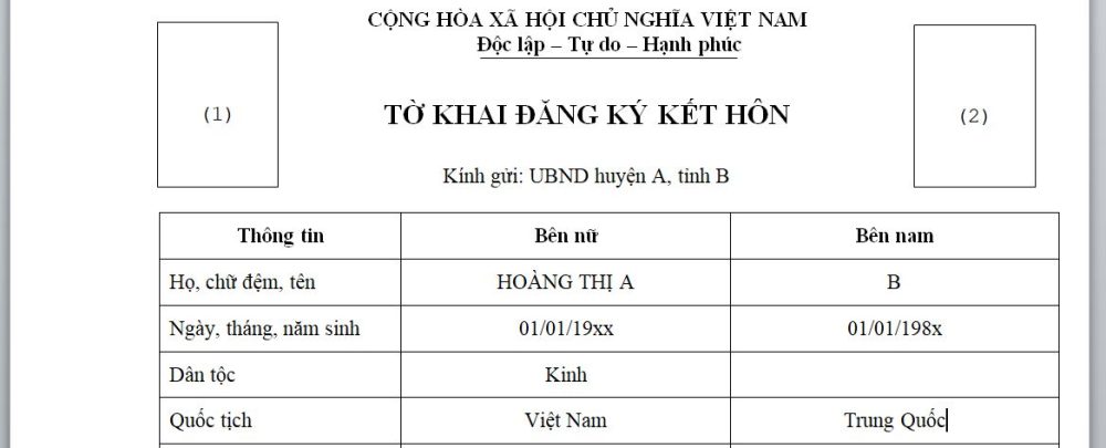 Tờ khai đăng ký kết hôn với người Trung | Làm gì để kết hôn với người Trung