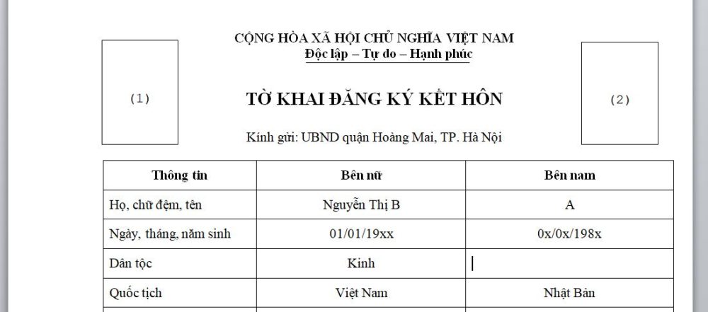 Tờ khai đăng ký kết hôn với người Nhật Bản