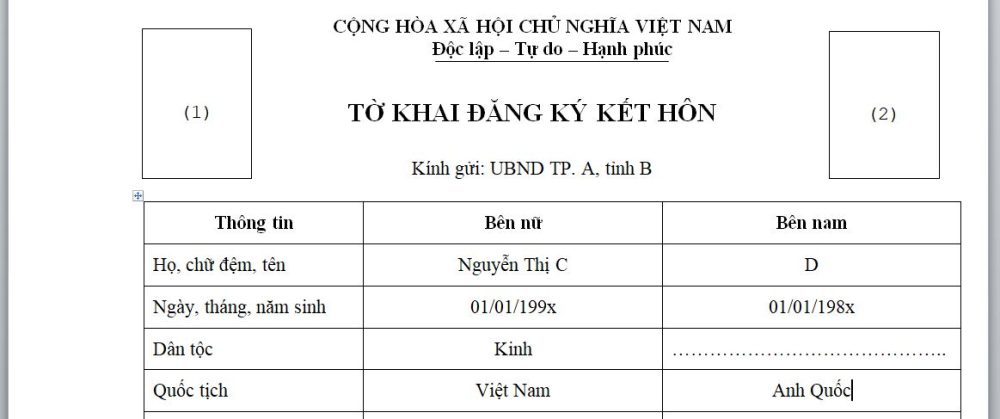 Tờ khai đăng ký kết hôn với người Anh | Thủ tục kết hôn với người Anh Quốc