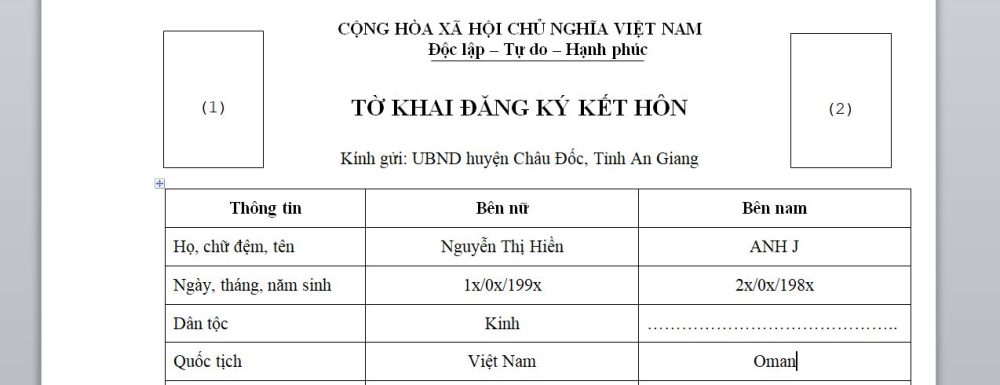 Tờ khai đăng ký kết hôn với người Oman | Thủ tục kết hôn với người Oman