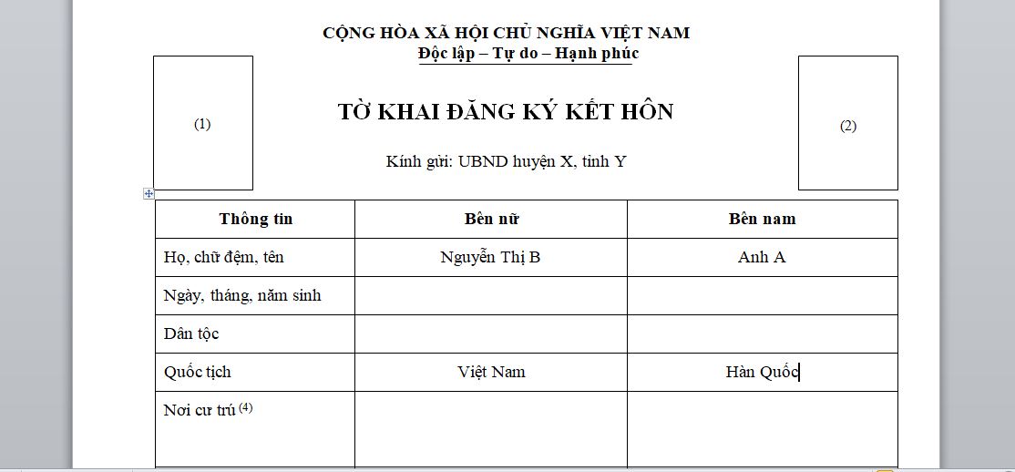 Tờ khai đăng ký kết hôn | Thủ tục kết hôn với người Hàn Quốc tại Việt Nam