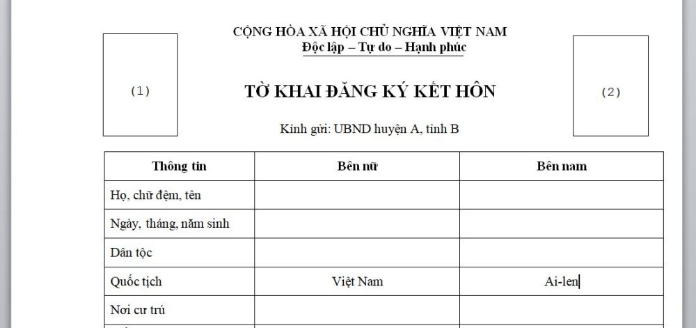 Tờ khai đăng ký kết hôn | Thủ tục kết hôn với người Ai-len