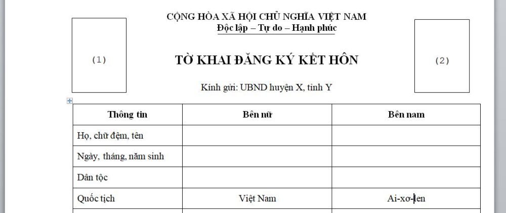 Tờ khai đăng ký kết hôn để thực hiện thủ tục kết hôn với người Ai-xơ-len