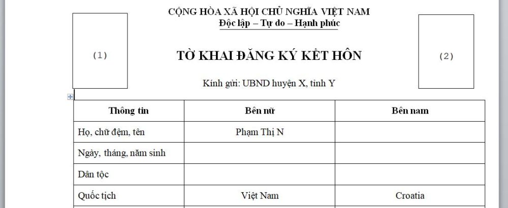 Tờ khai đăng ký kết hôn | Thủ tục kết hôn với người Croatia