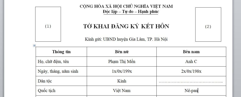 Tờ khai đăng ký kết hôn với người Nê-pan | Thủ tục kết hôn với người Nê-pan