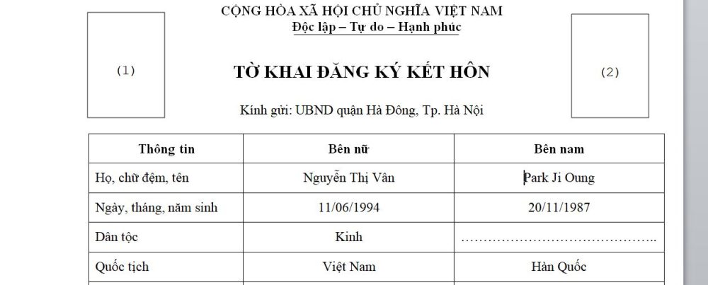 Tờ khai đăng ký kết hôn | Thủ tục kết hôn với người Hàn Quốc 