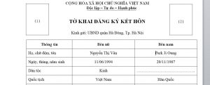 To khai - Giay to dung de ket hon voi nguoi Han Quoc tai Viet Nam - Anh minh hoa