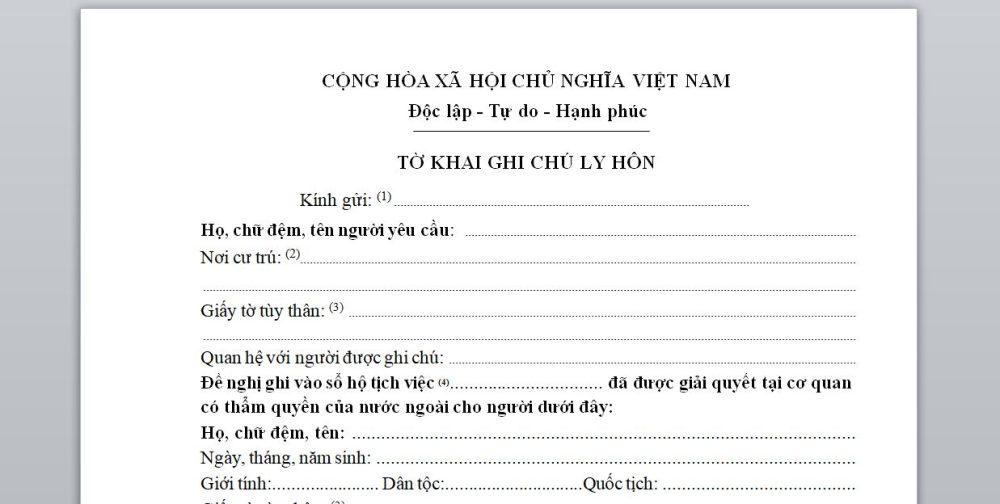 Mẫu tờ khai ghi chú ly hôn