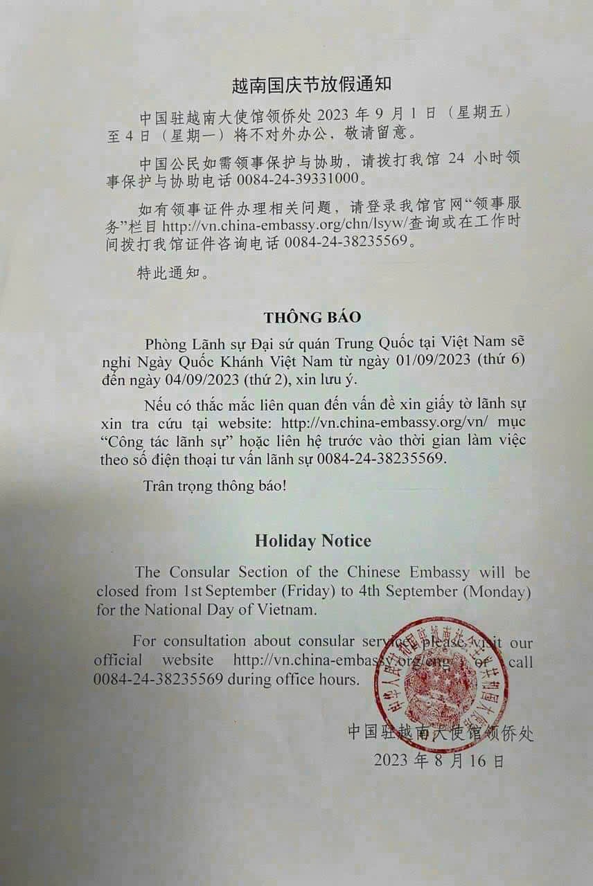 Lịch nghỉ lễ ngày 2/9/2023 của Đại sứ quán Trung Quốc