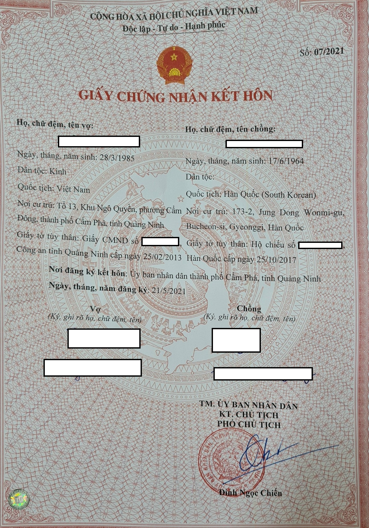 Giấy chứng nhận kết hôn | Bất hợp pháp kết hôn với người Hàn Quốc