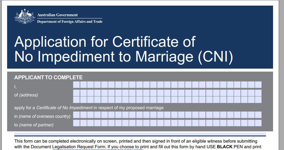 Tờ khai xin giấy tờ độc thân của người Úc | Thủ tục kết hôn với người Úc mới nhất