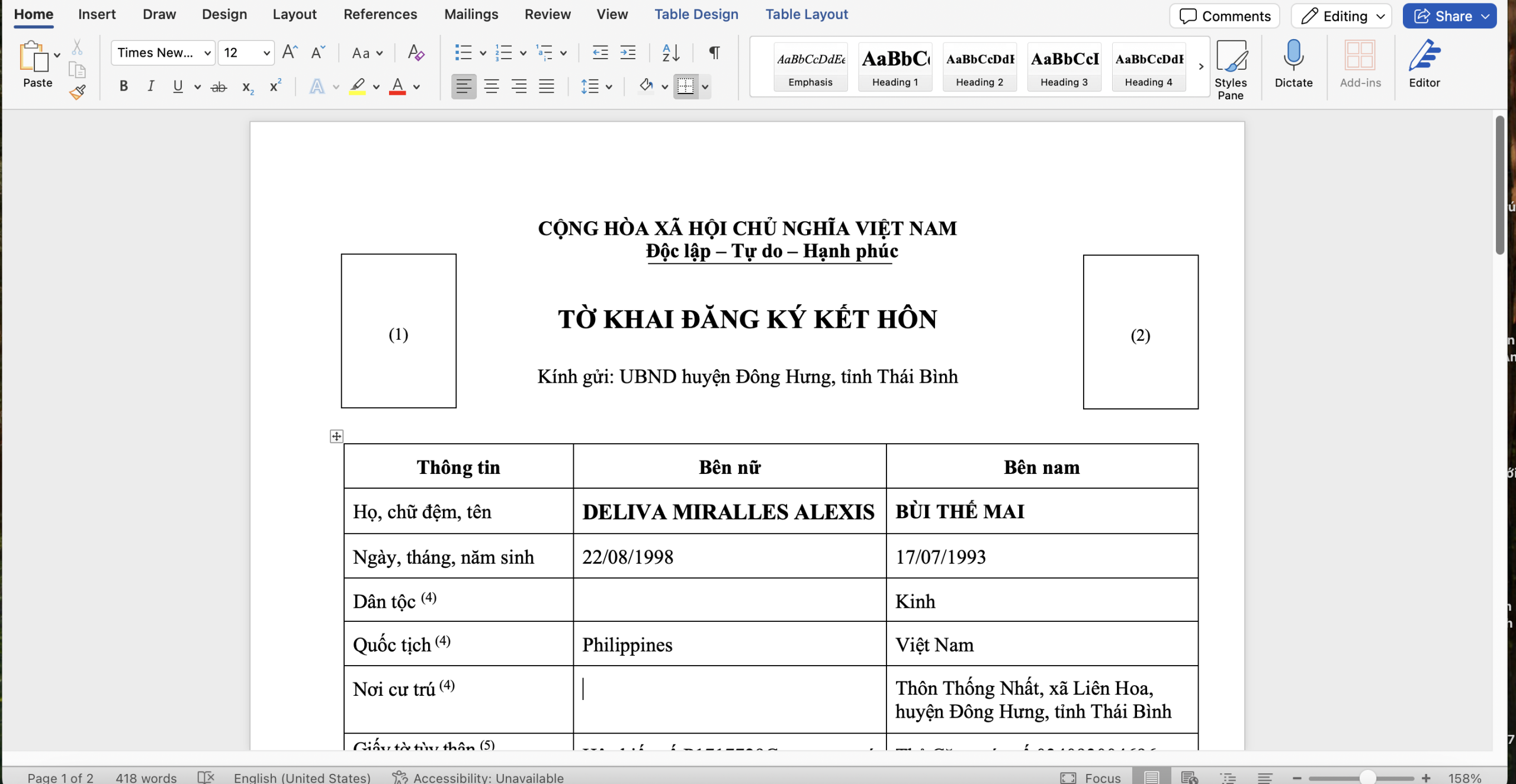 Tờ khai đăng ký kết hôn với người nước ngoài Tờ khai đăng ký kết hôn với người nước ngoài