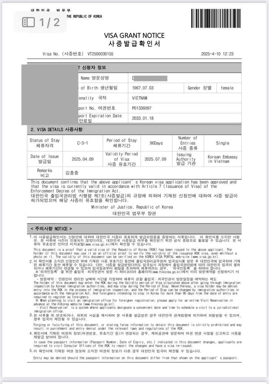 Kết quả xin visa thăm con kết hôn với người Hàn Quốc Kết quả xin visa thăm con kết hôn với người Hàn Quốc