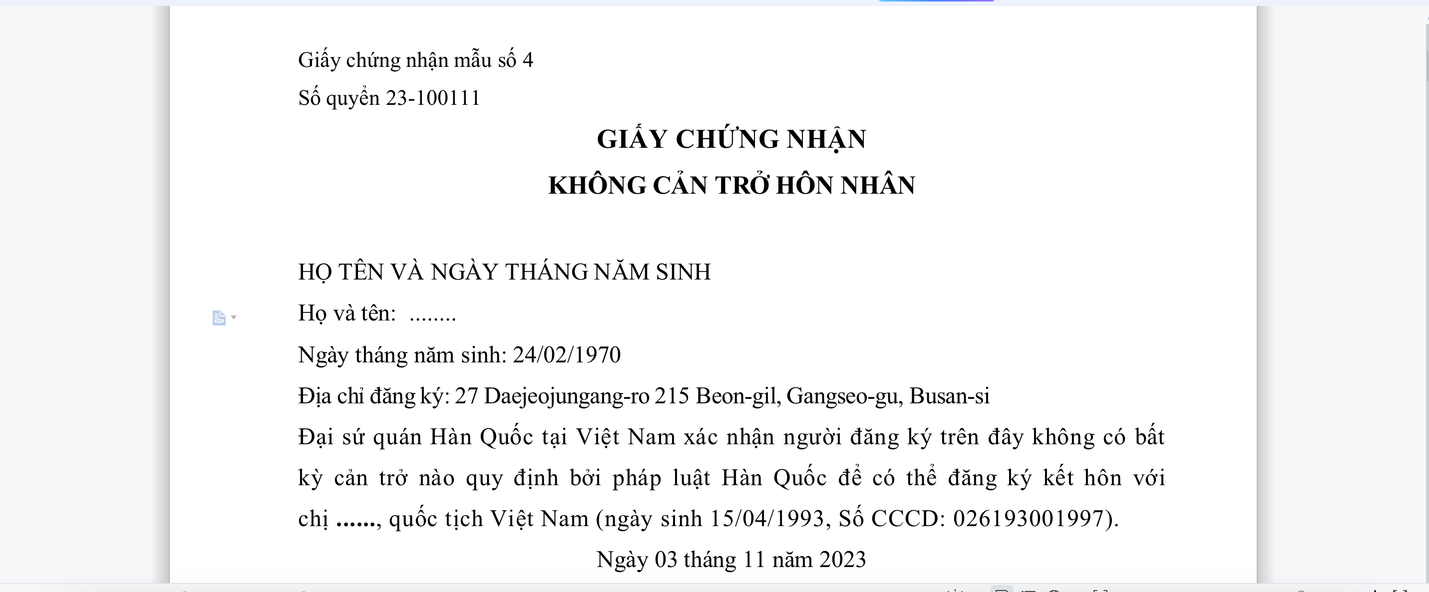 Mẫu giấy tờ kết hôn với người Hàn Quốc, tại cơ quan có thẩm quyền của Việt Nam.