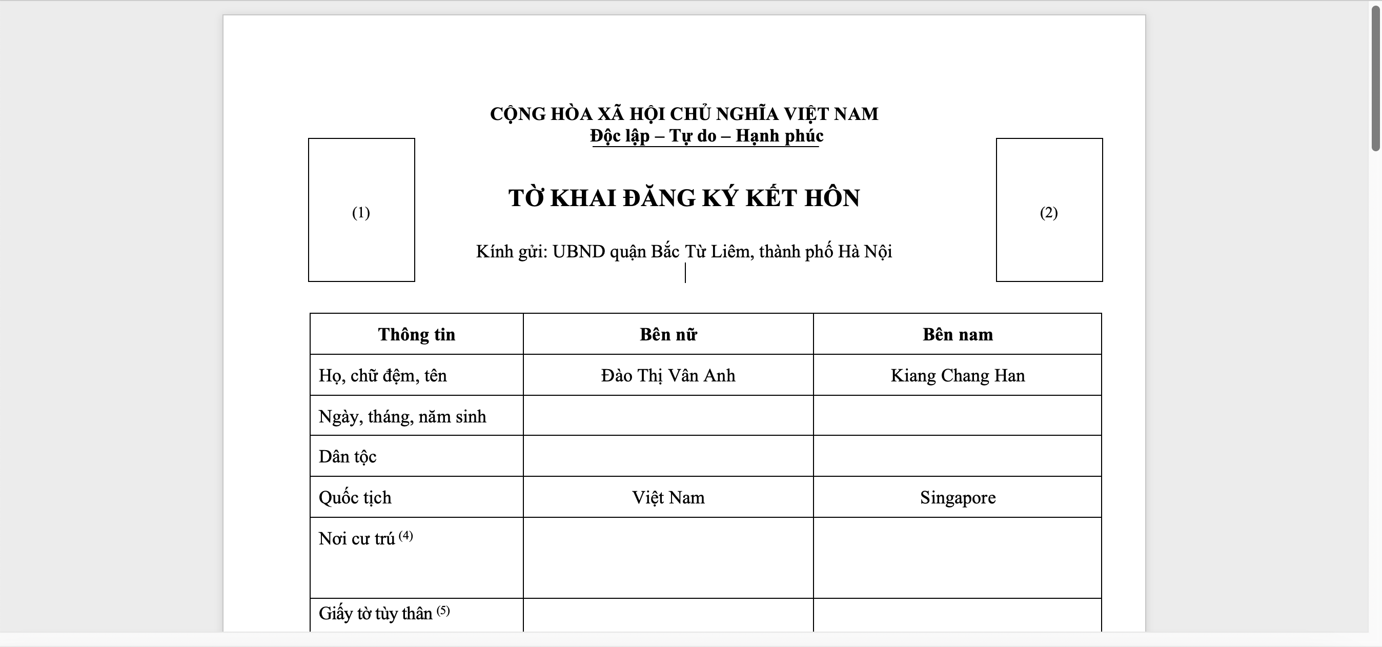 Tờ khai đăng ký kết hôn với người Singapore tại cơ quan có thẩm quyền của Việt Nam