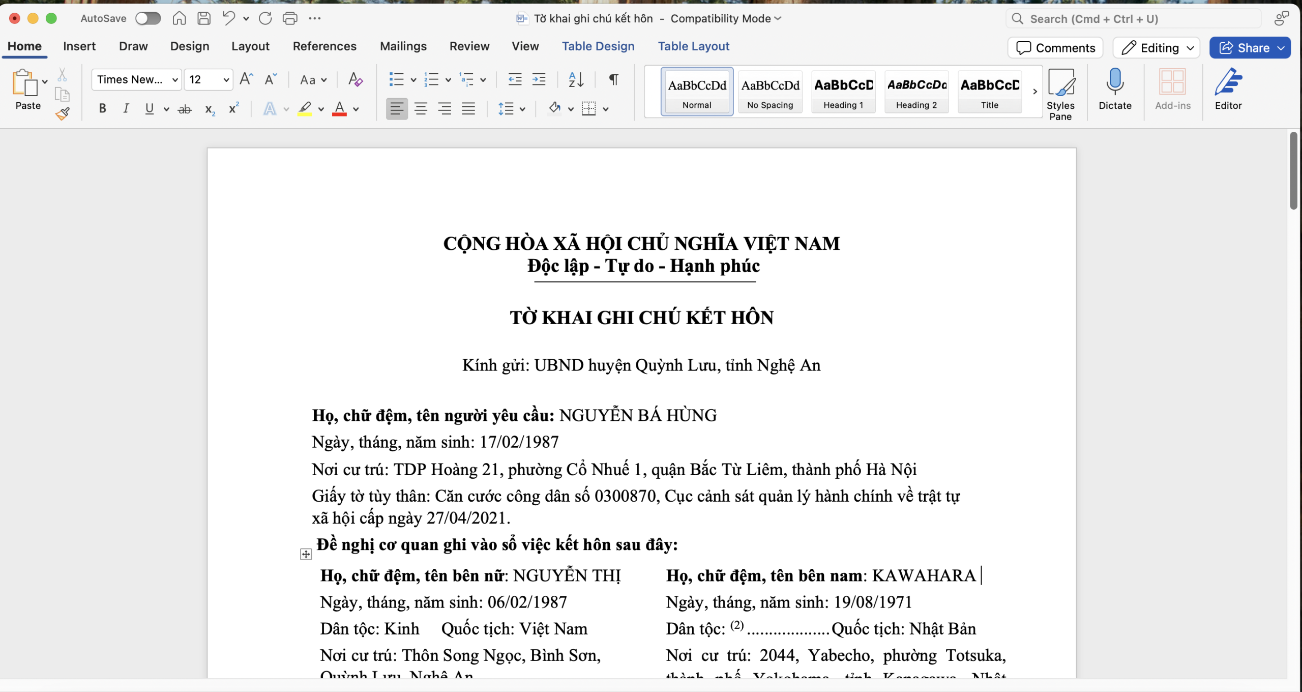 Tờ khai ghi chú kết hôn tại Việt Nam