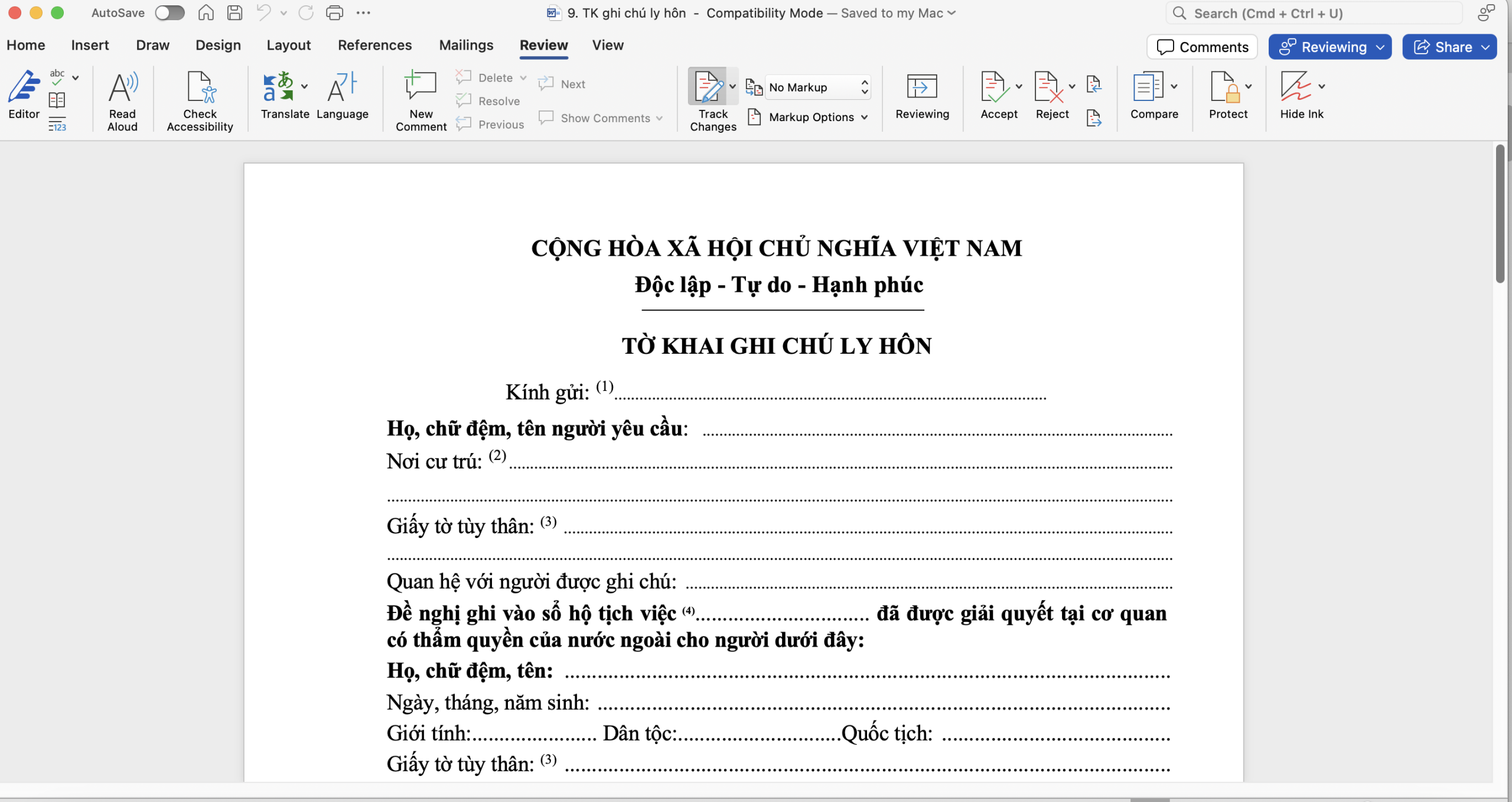 Mẫu tờ khai ghi chú ly hôn với người nước ngoài mới nhất Mẫu tờ khai ghi chú ly hôn với người nước ngoài mới nhất