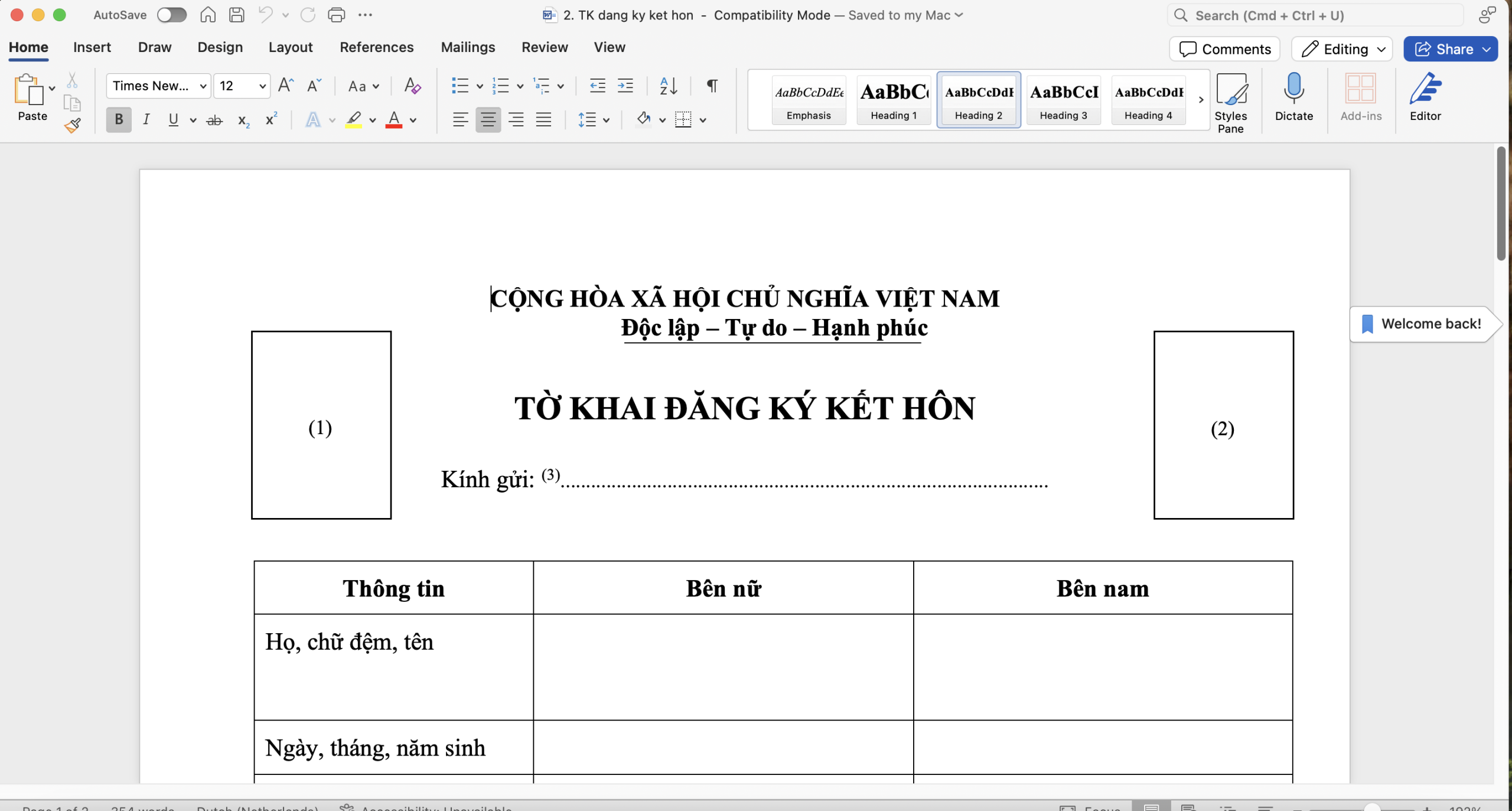 Tờ khai đăng ký kết hôn với người Đài Loan