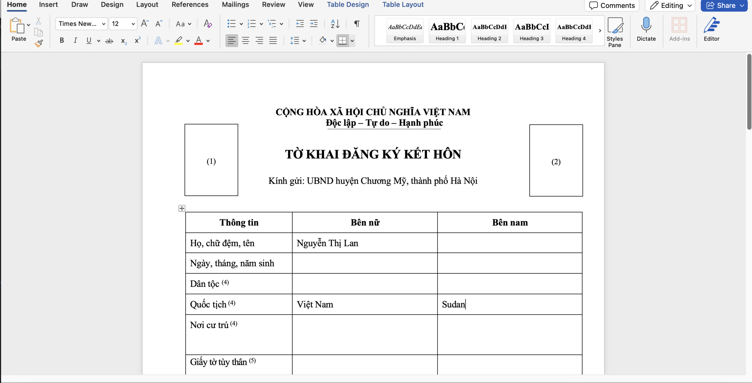 Tờ khai thực hiện thủ tục kết hôn với người Sudan