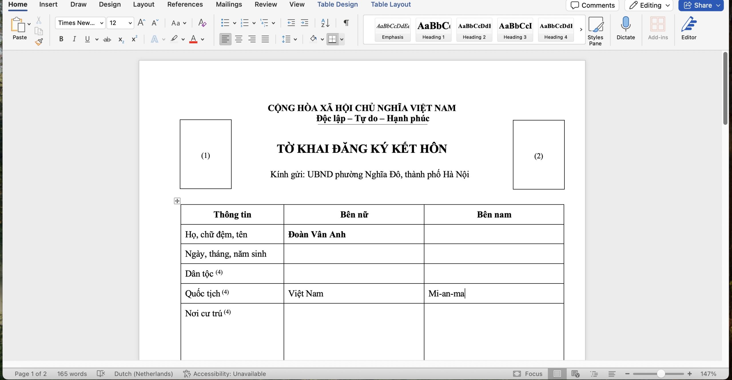Tờ khai đăng ký kết hôn để thực hiện thủ tục kết hôn với người Mi-an-ma Tờ khai đăng ký kết hôn để thực hiện thủ tục kết hôn với người Mi-an-ma