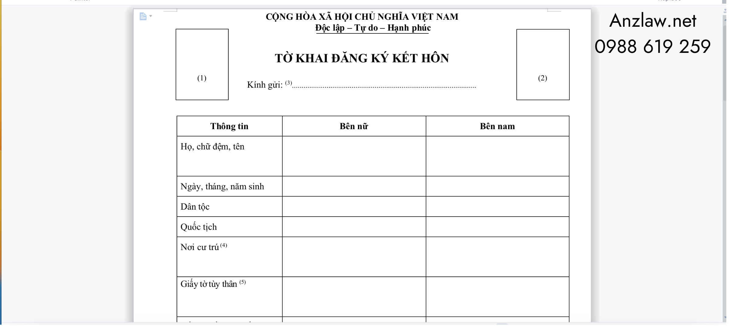 Tờ khai đăng ký kết hôn | Thủ tục kết hôn với người Nhật tại Việt Nam