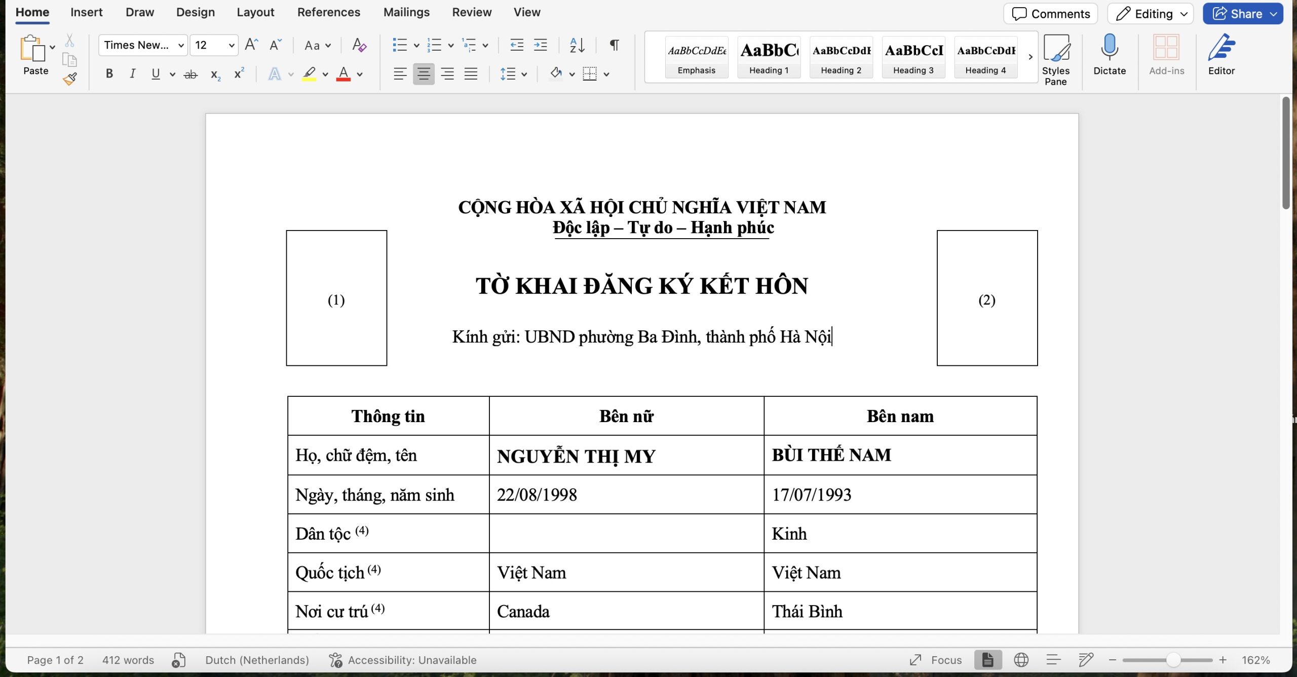 Tờ khai đăng ký kết hôn | Hồ sơ đăng ký kết hôn với người Việt Nam định cư ở nước ngoài