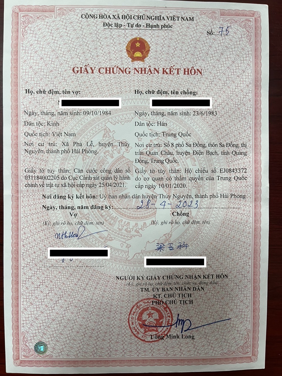Giấy chứng nhận kết hôn | Kết hôn với người Trung Quốc có hộ chiếu đường lưỡi bò