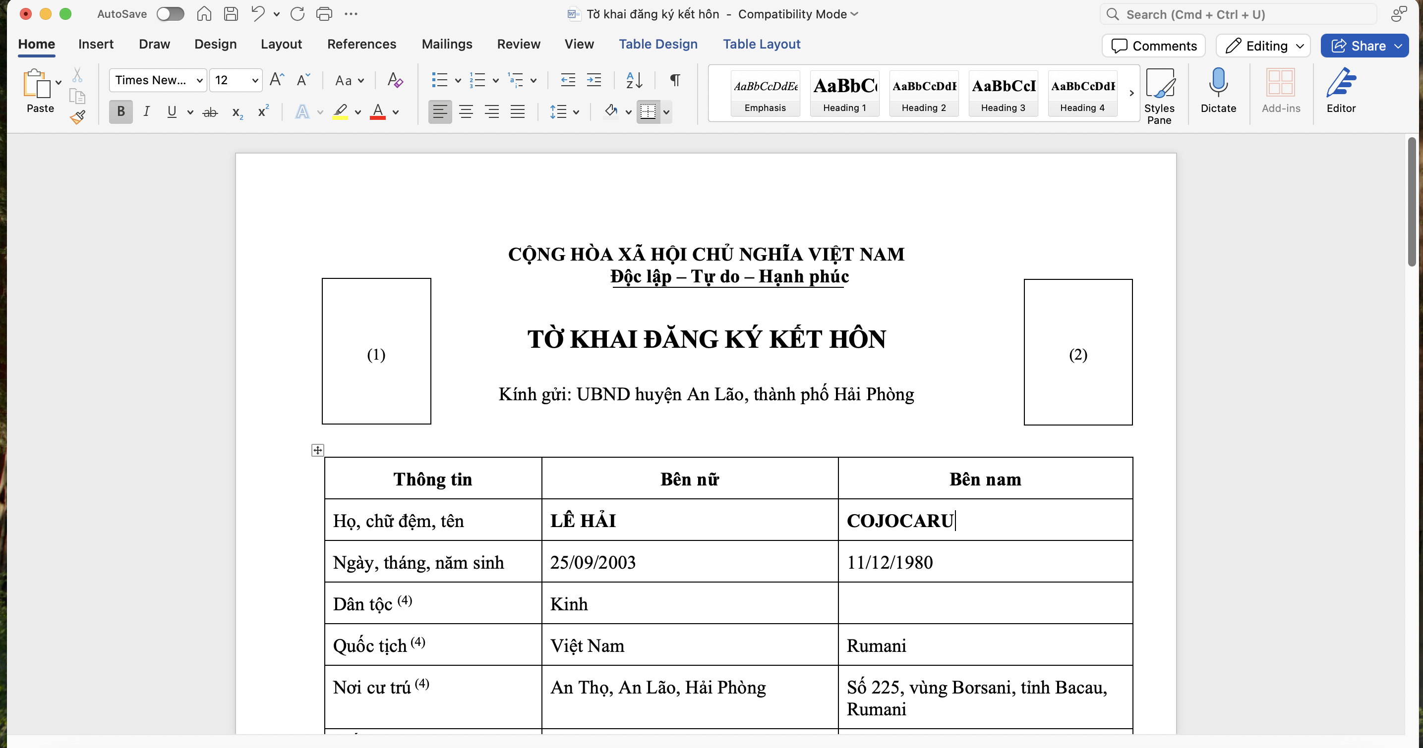 Tờ khai đăng ký kết hôn với người nước ngoài theo mẫu mới nhất