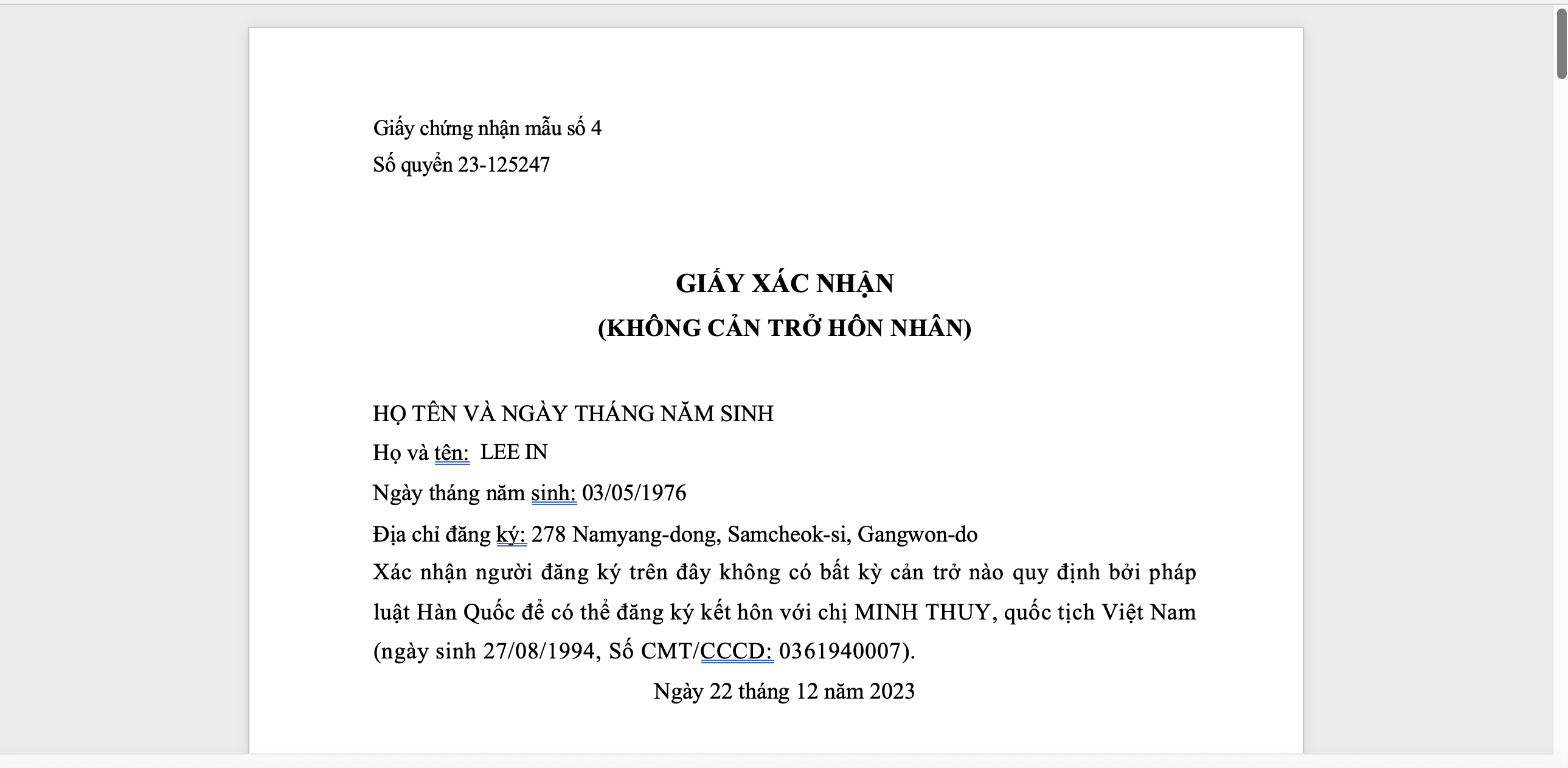 Chuẩn bị hồ sơ đăng ký kết hôn với người Hàn Quốc tại Việt Nam