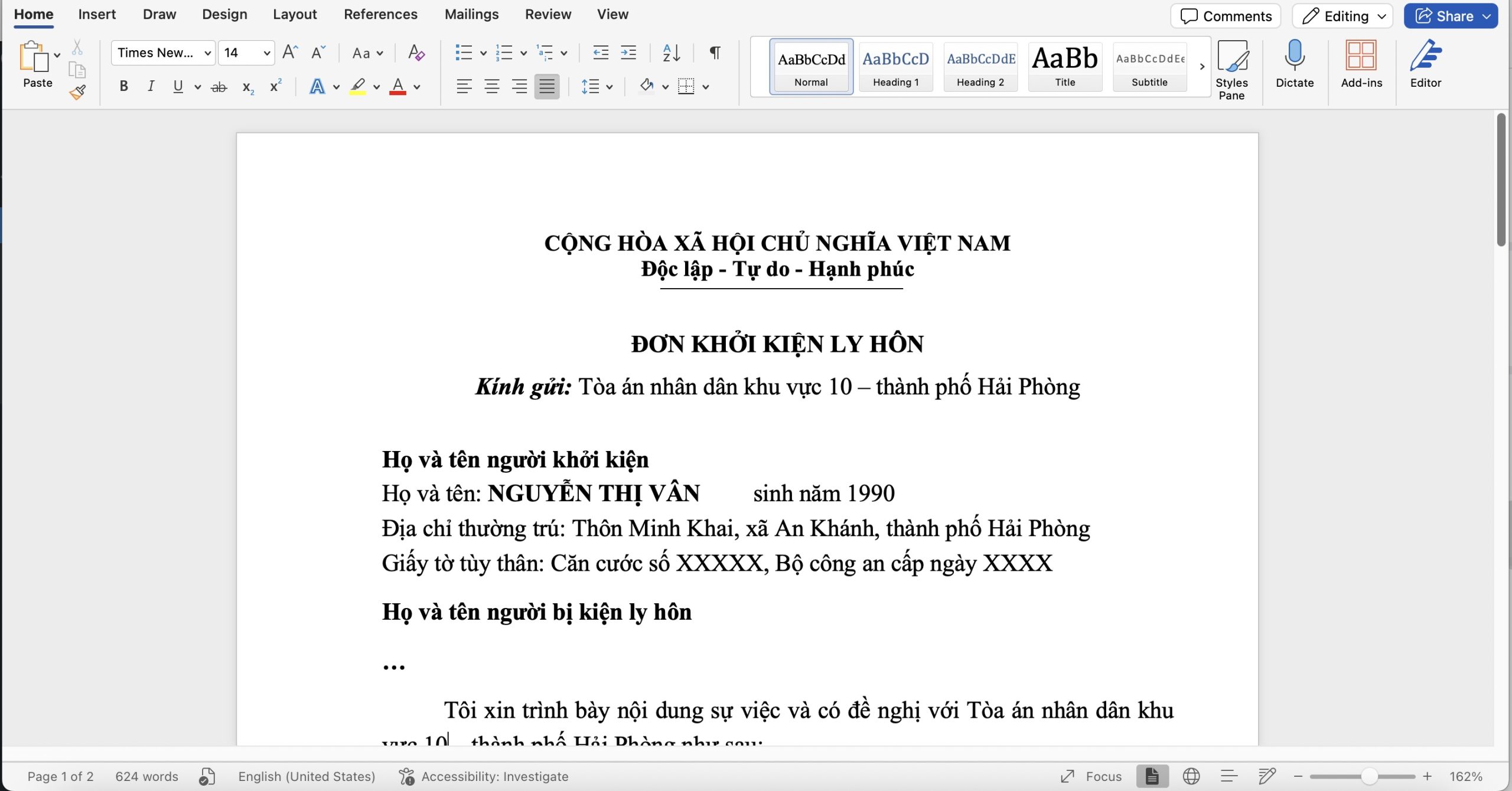 Đơn khởi kiện ly hôn với người nước ngoài