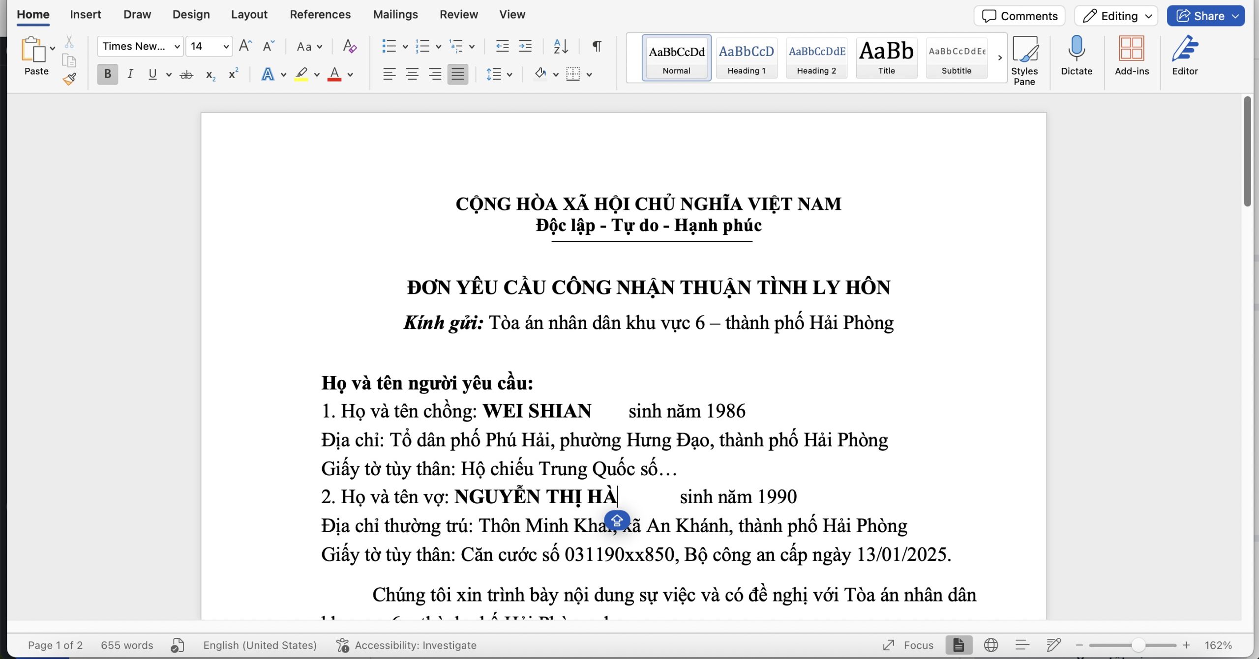 Đơn yêu cầu ly hôn với người Trung Quốc | Thủ tụ ly hôn với người Trung Quốc