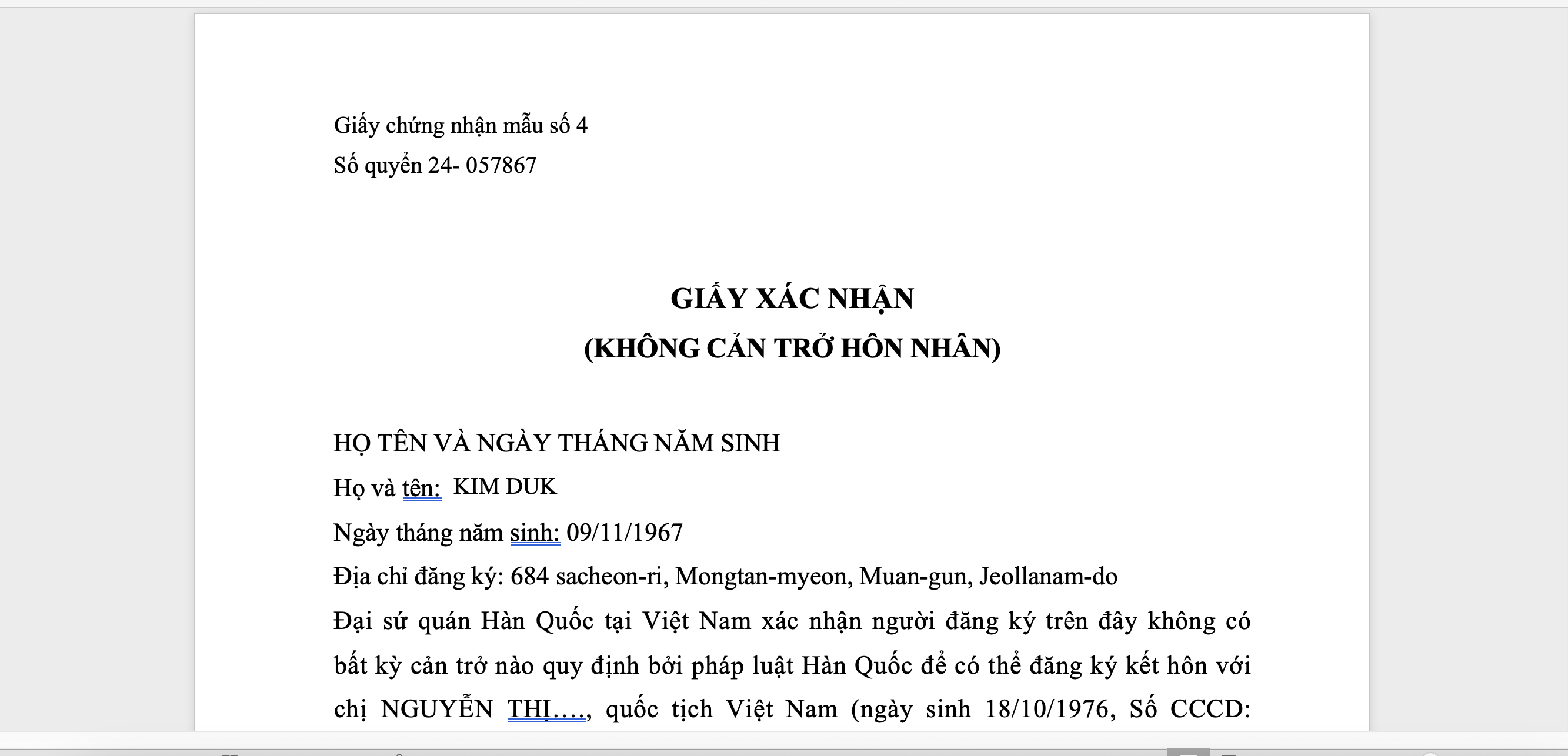 Người Hàn Quốc cần mang giấy tờ gì về Việt Nam kết hôn?