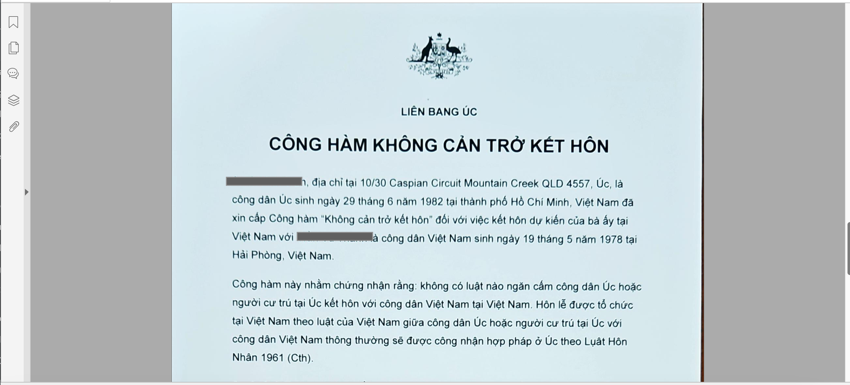 Công hàm không cản trở hôn nhân của Úc