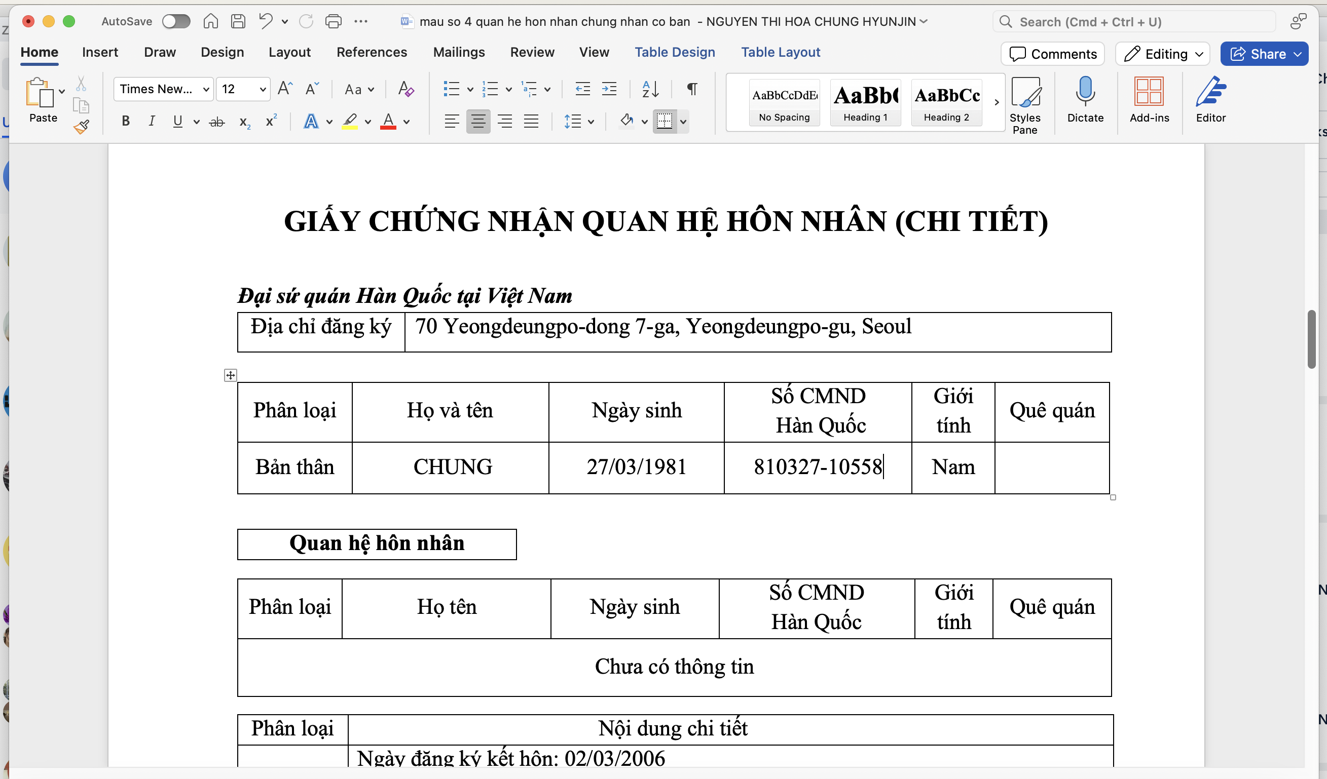 Mẫu giấy đăng ký kết hôn với người Hàn Quốc