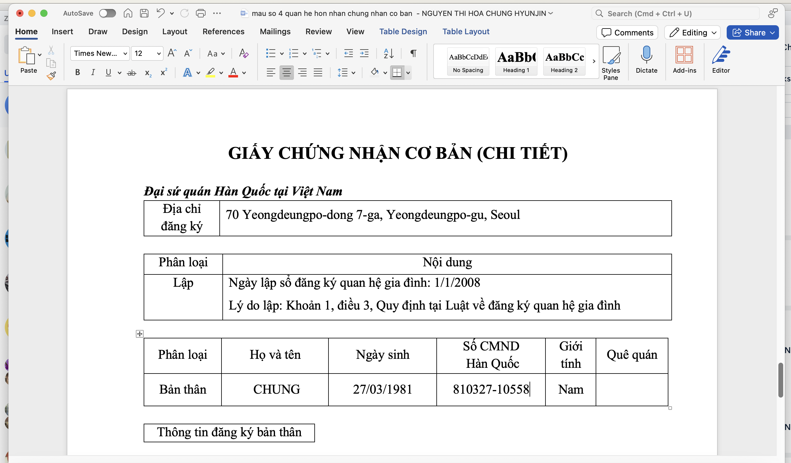 Mẫu giấy đăng ký kết hôn với người Hàn Quốc