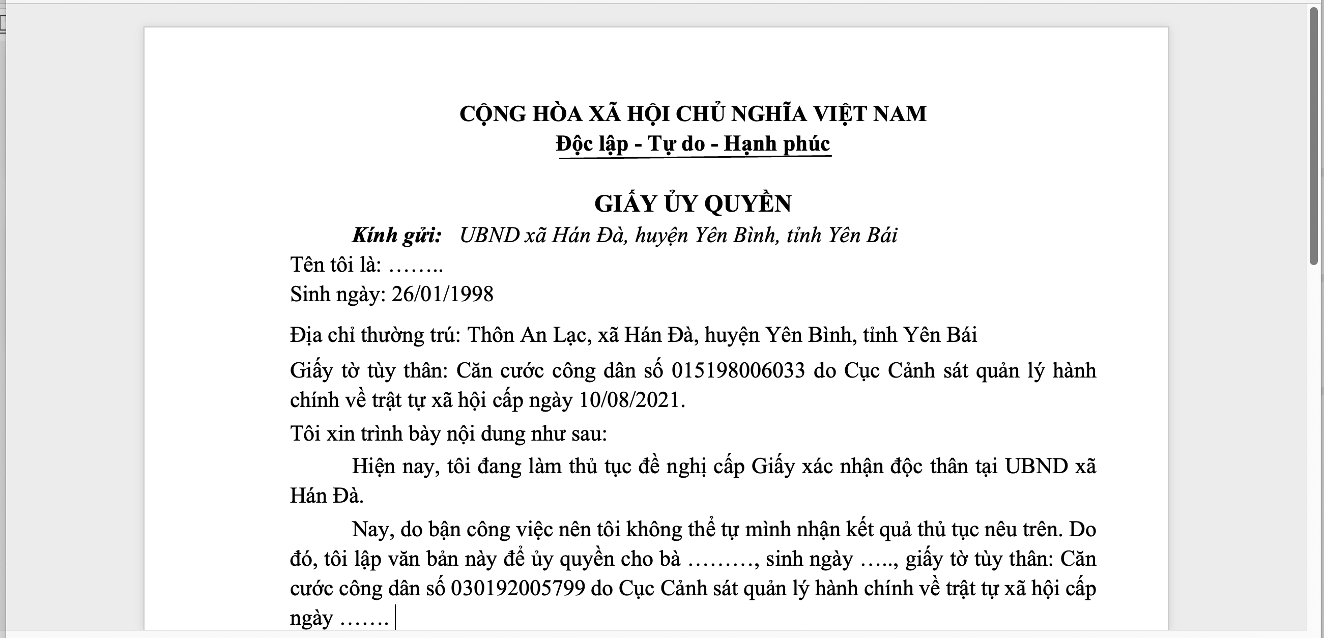 Có ủy quyền cho người khác đi xin giấy độc thân được không?