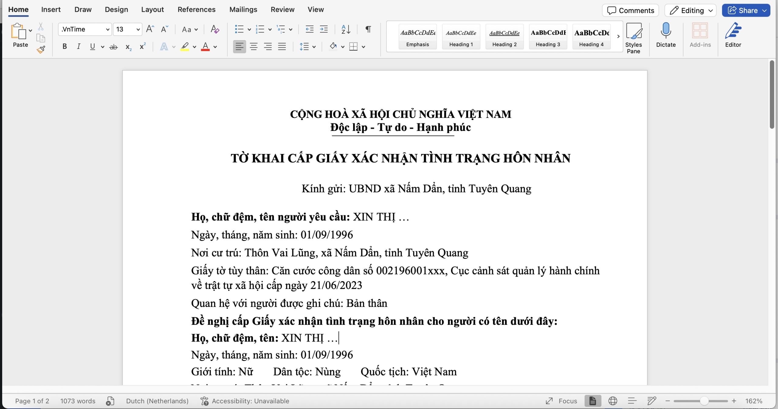 Tờ khai để thực hiện thủ tục xin cấp giấy xác nhận độc thân