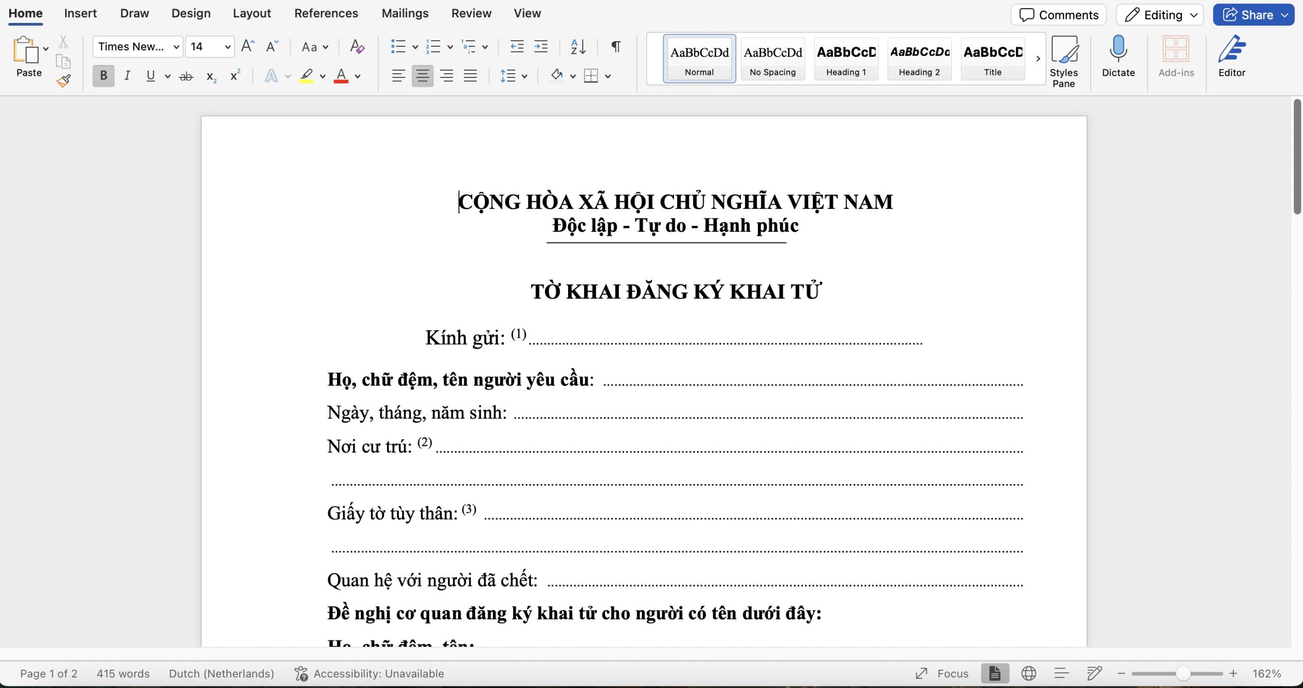 Tờ khai để thực hiện thủ tục đăng ký khai tử mới nhất