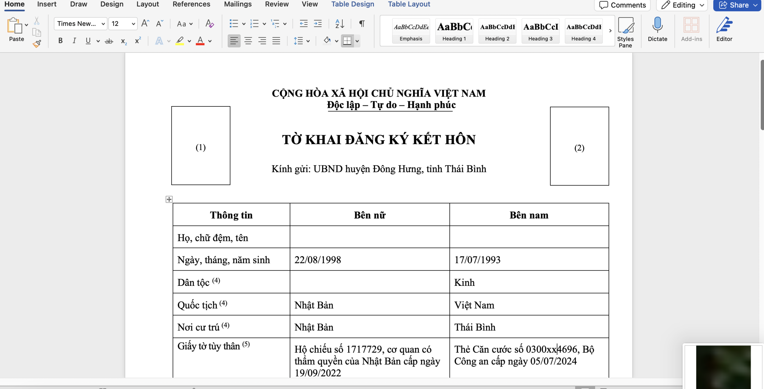 Tờ khai đăng ký kết hôn với người Nhật Bản tại Việt Nam