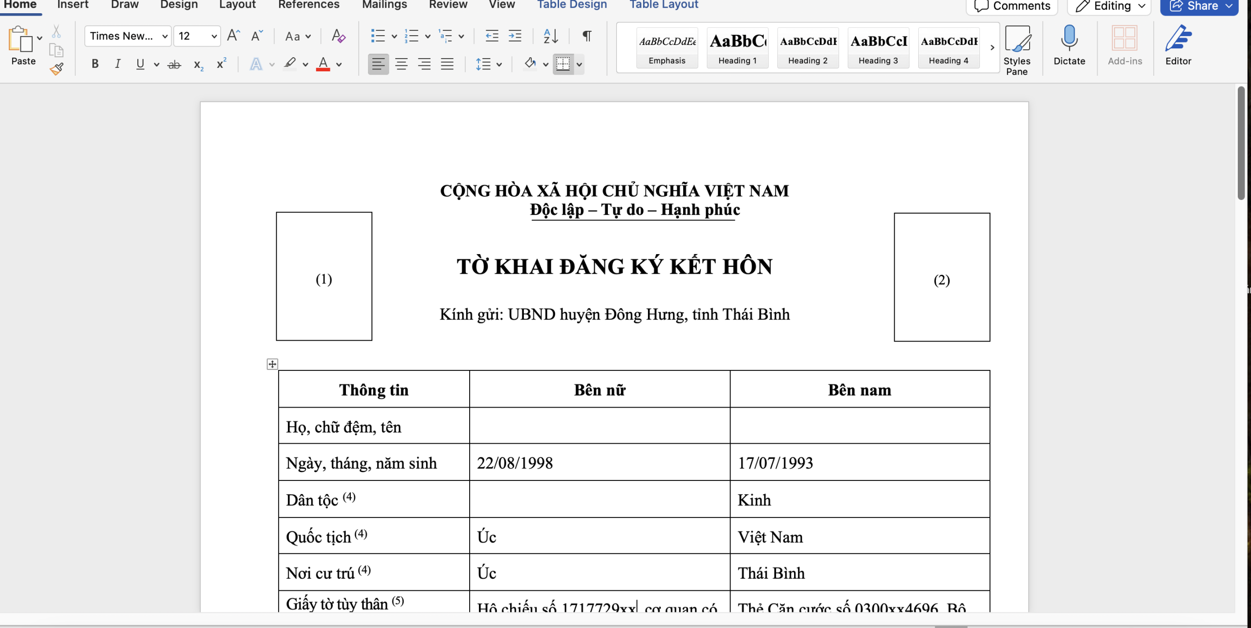 Tờ khai đăng ký kết hôn với người Úc | Hồ sơ đăng ký kết hôn với người Úc